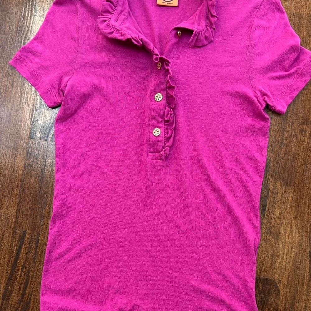 Tory Burch Women's Polo-shirt Size Small Pink/purple with ruffle trim